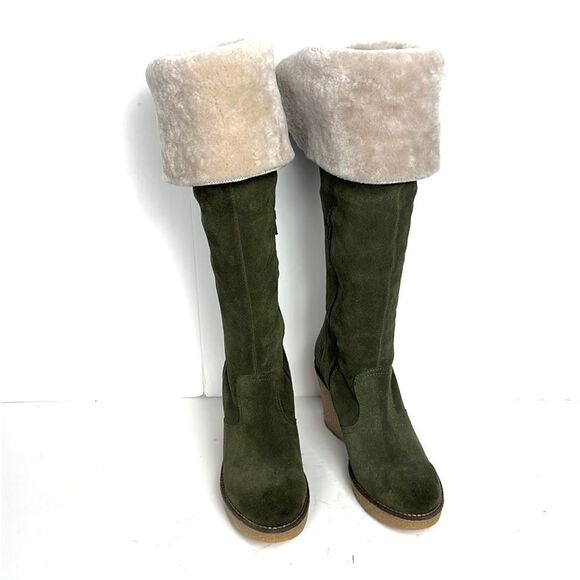 Skinnycalf Italy Olive Suede Shearling Over The Knee Wedge Boots US 8,5-9 - Picture 3 of 16